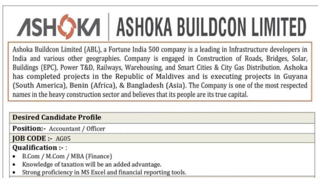 Accountant / Officer Vacancy at Ashoka Buildcon