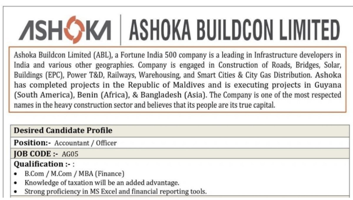 Accountant / Officer Vacancy at Ashoka Buildcon